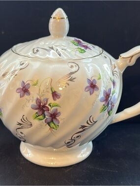 Vintage Floral Porcelain Teapot with Purple Violets and Gold Trim
